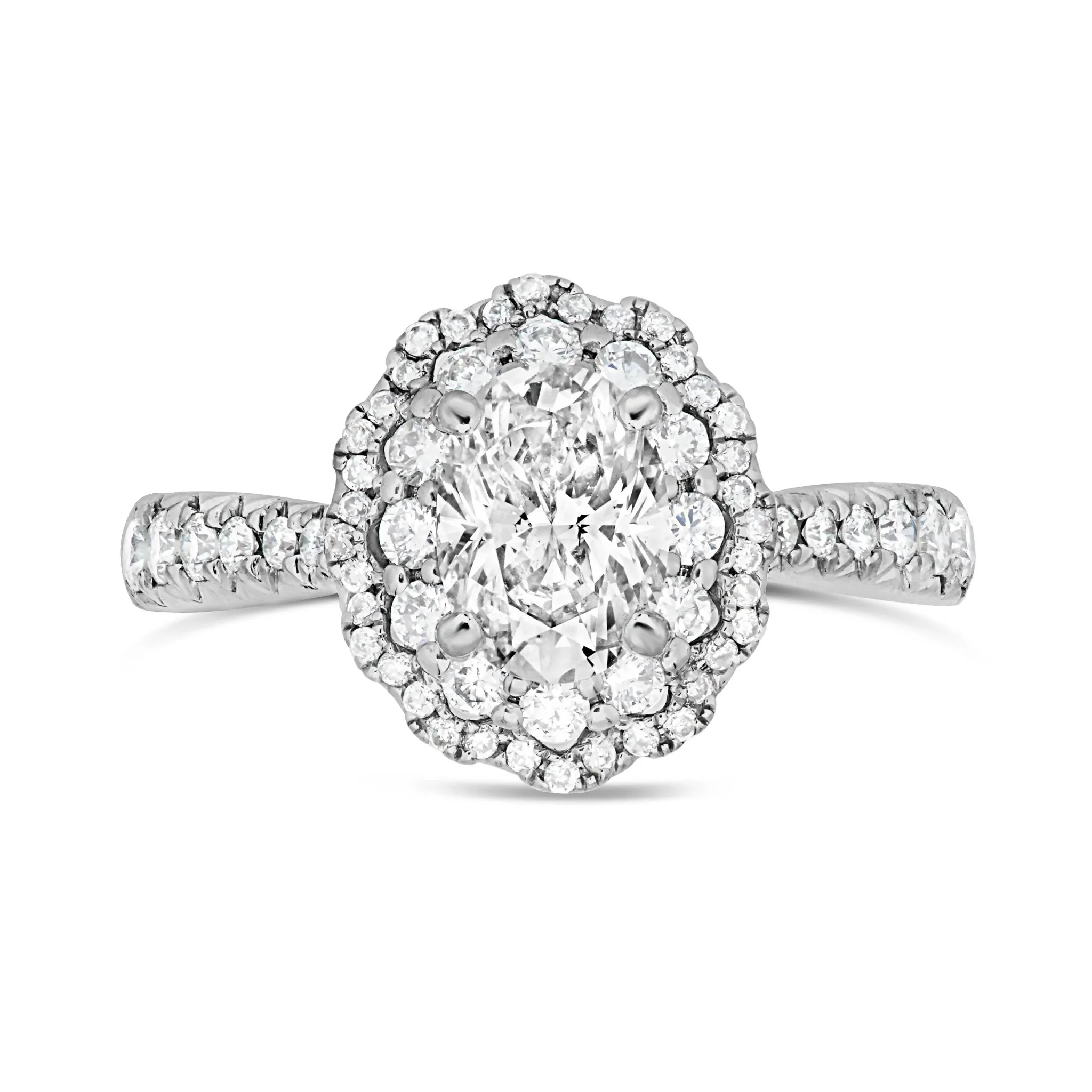 14K White Gold 2.50ct Oval Diamond Center Flower Halo Engagement Ring