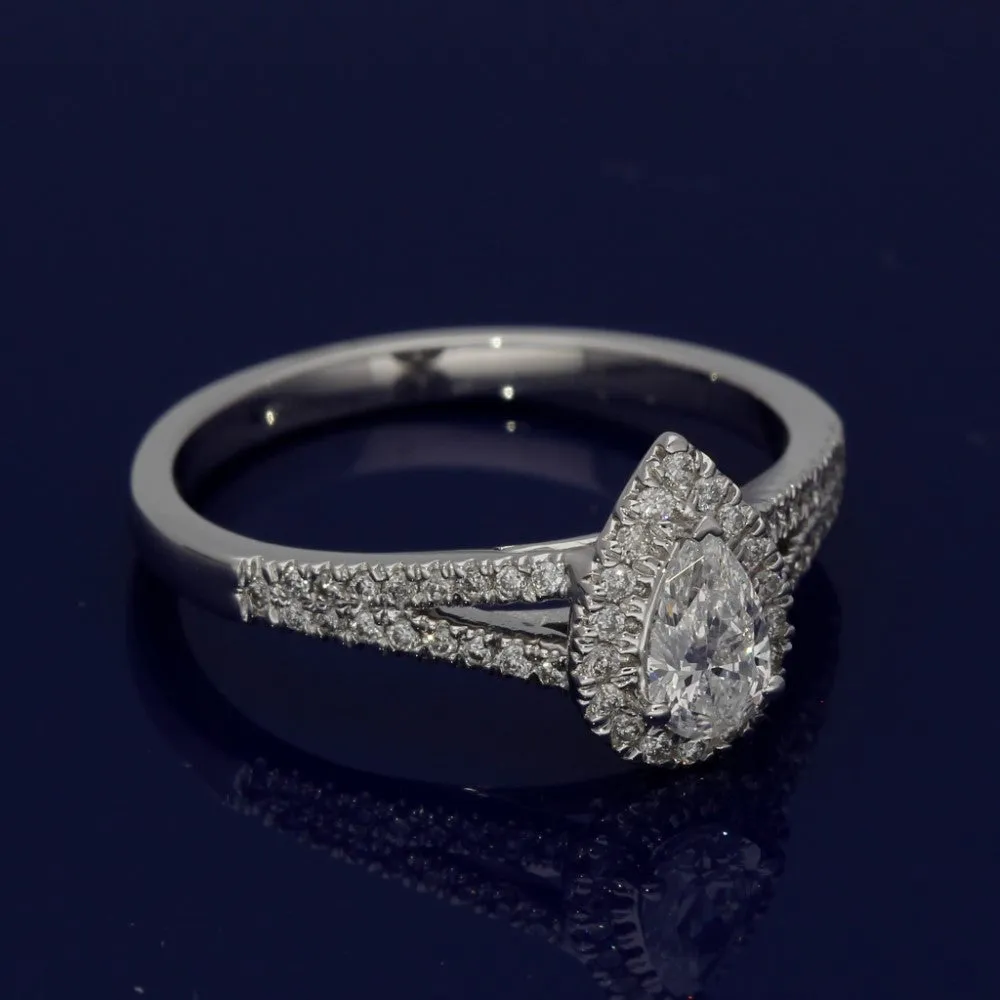 18ct White Gold Certificated Pear Cut Diamond Halo Ring