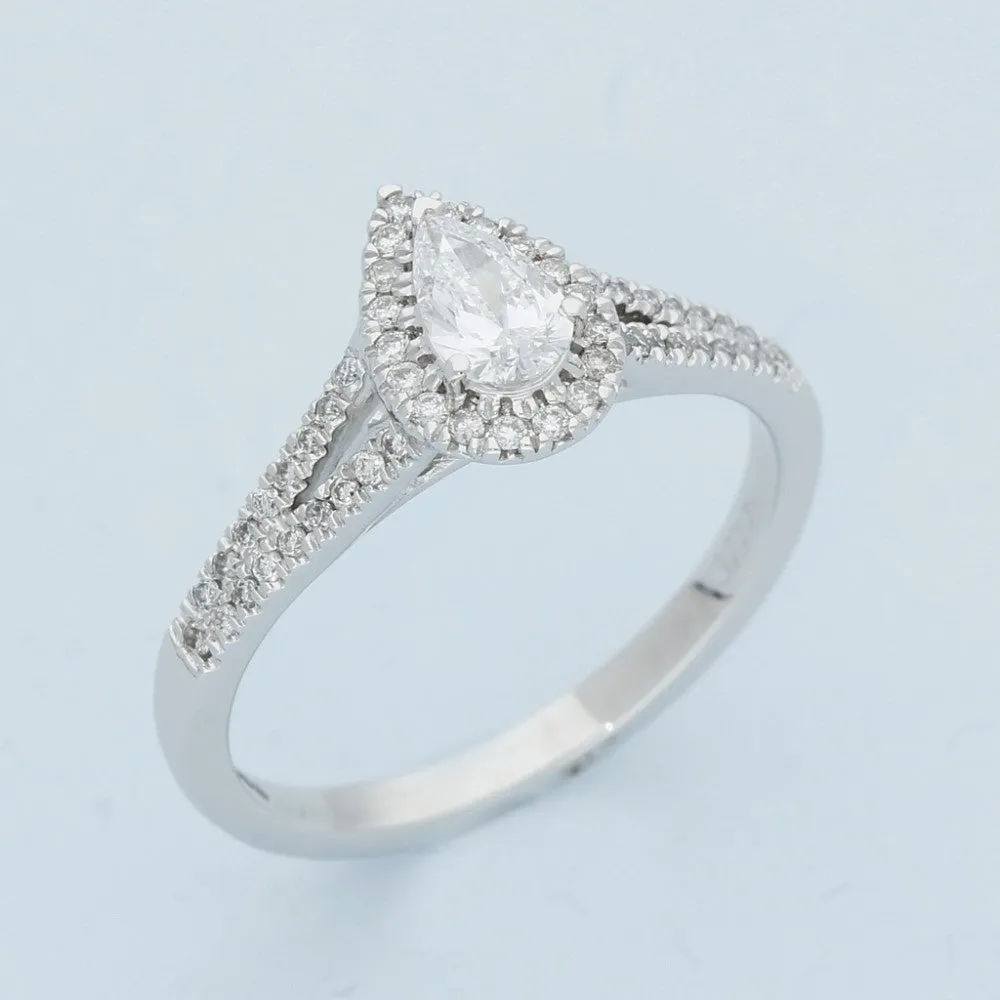 18ct White Gold Certificated Pear Cut Diamond Halo Ring