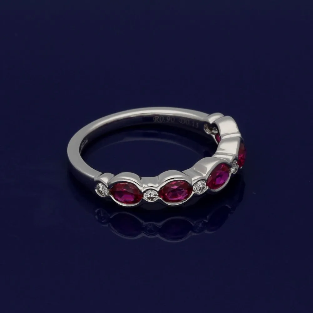 18ct White Gold Oval Ruby & Diamond Rub Over Set Half Eternity Ring