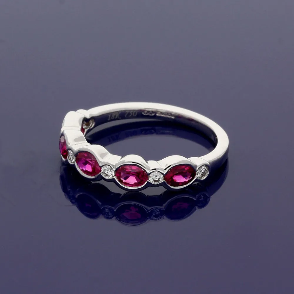 18ct White Gold Oval Ruby & Diamond Rub Over Set Half Eternity Ring