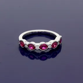 18ct White Gold Oval Ruby & Diamond Rub Over Set Half Eternity Ring