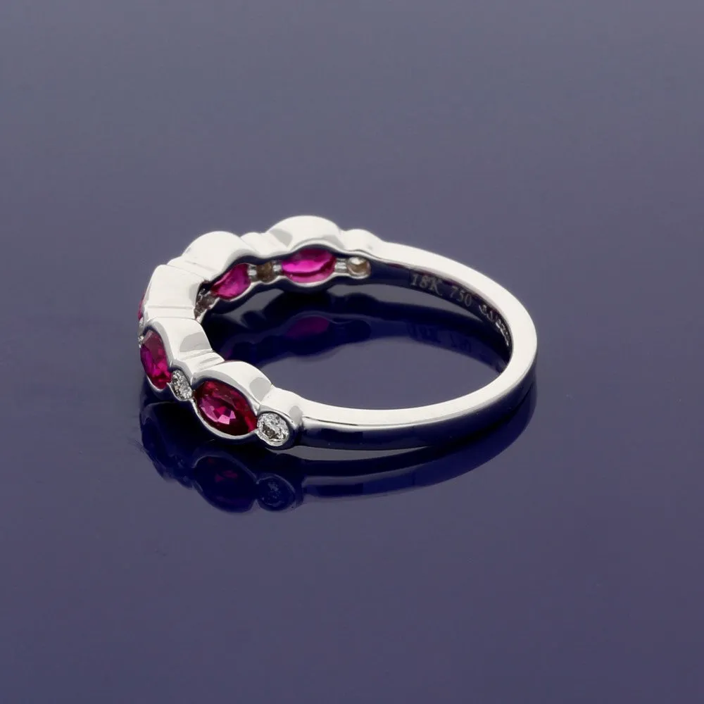 18ct White Gold Oval Ruby & Diamond Rub Over Set Half Eternity Ring