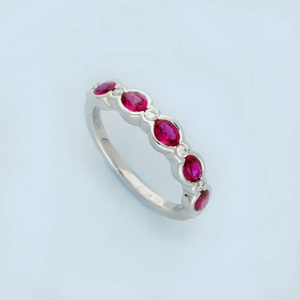 18ct White Gold Oval Ruby & Diamond Rub Over Set Half Eternity Ring