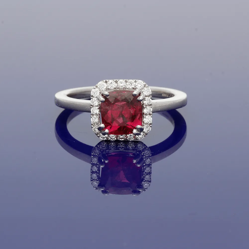 18ct White Gold Tourmaline Rubellite & Diamond Halo Ring