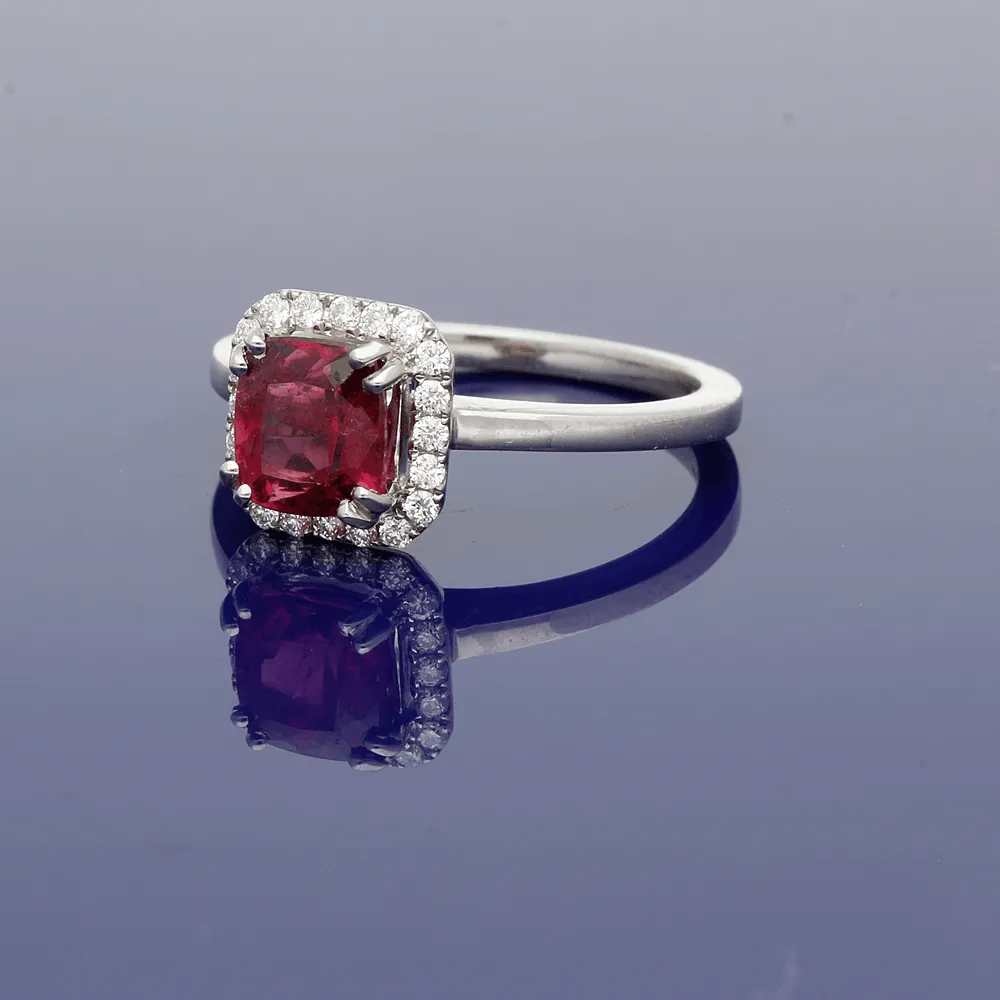 18ct White Gold Tourmaline Rubellite & Diamond Halo Ring