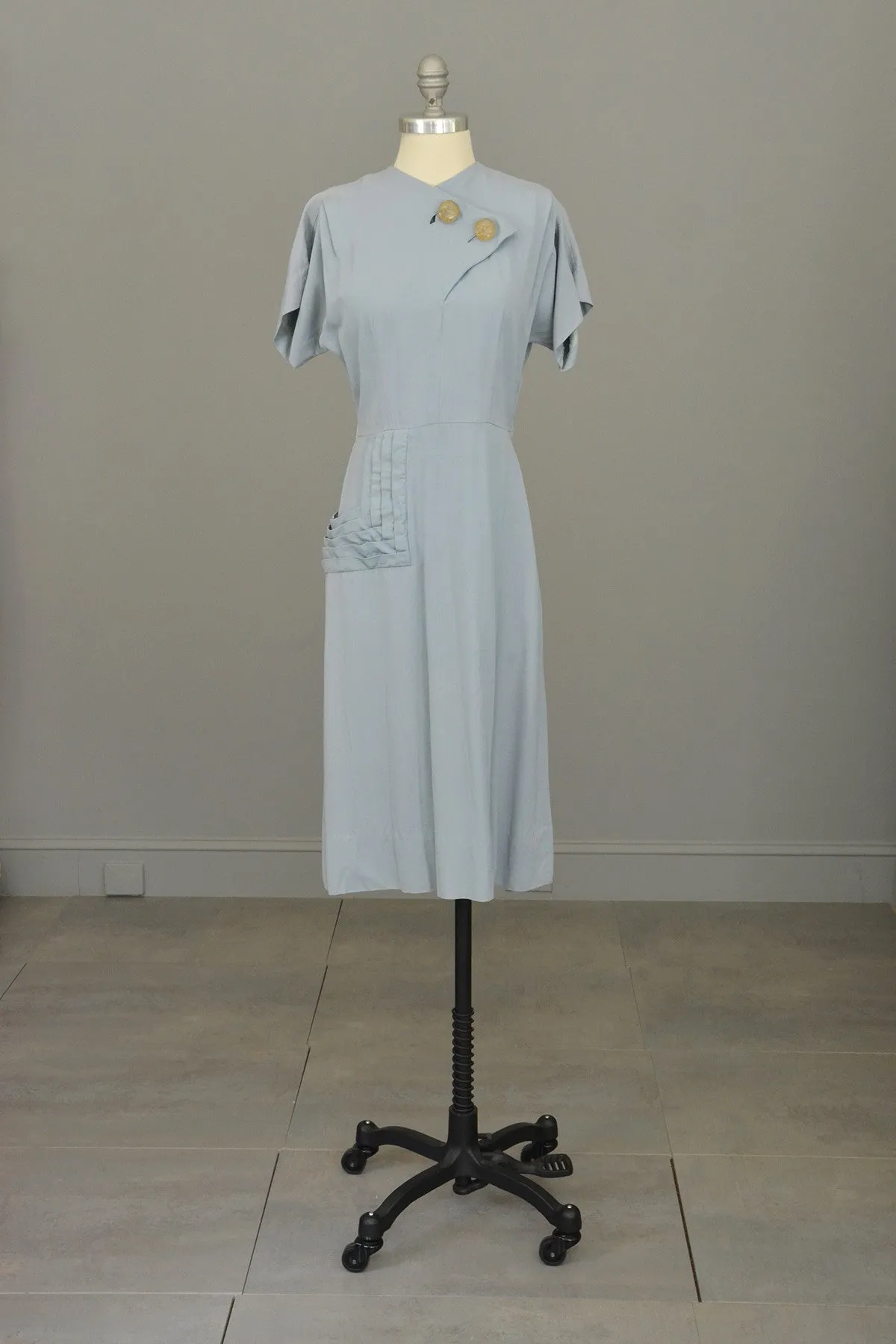 1940s Powder Blue Vintage Dress with Lucite Buttons and Pleated Pocket by R & K Originals