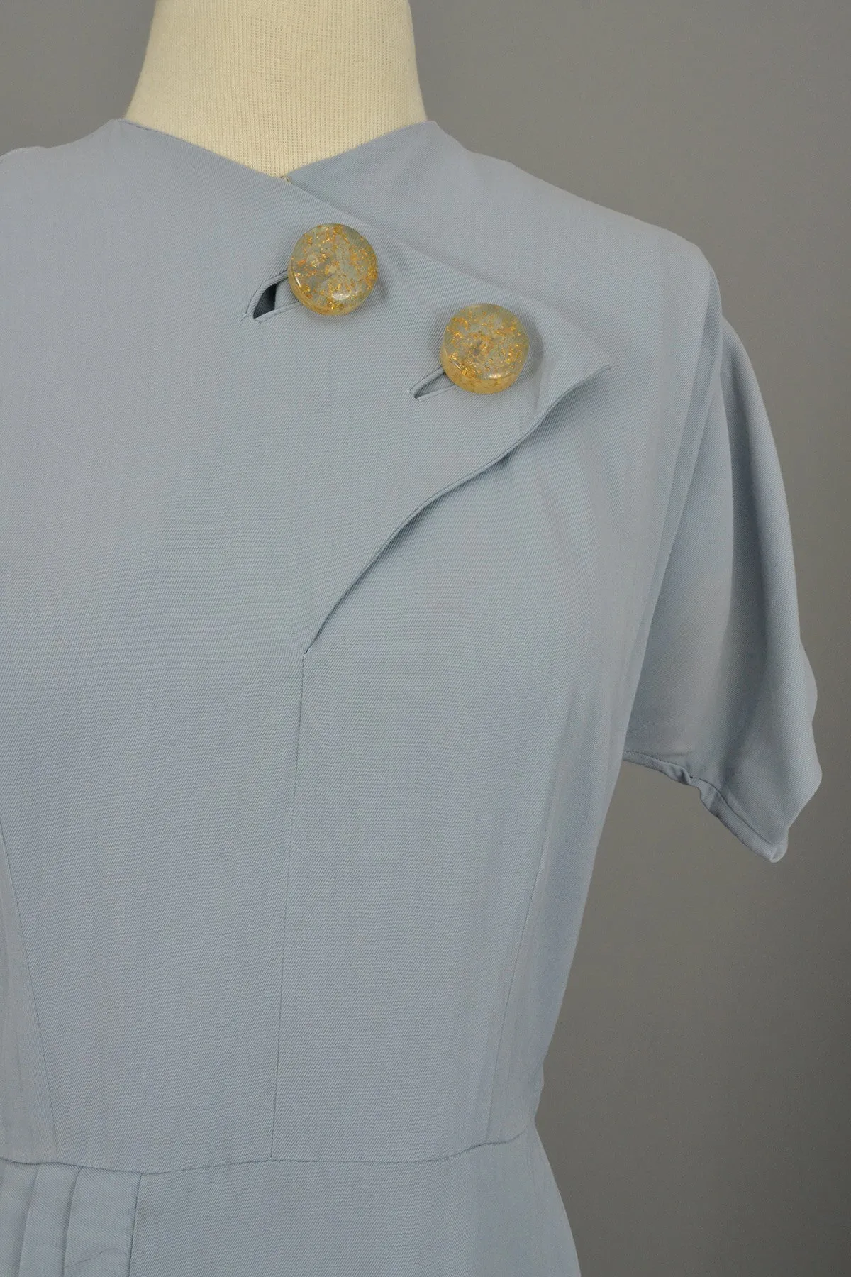 1940s Powder Blue Vintage Dress with Lucite Buttons and Pleated Pocket by R & K Originals