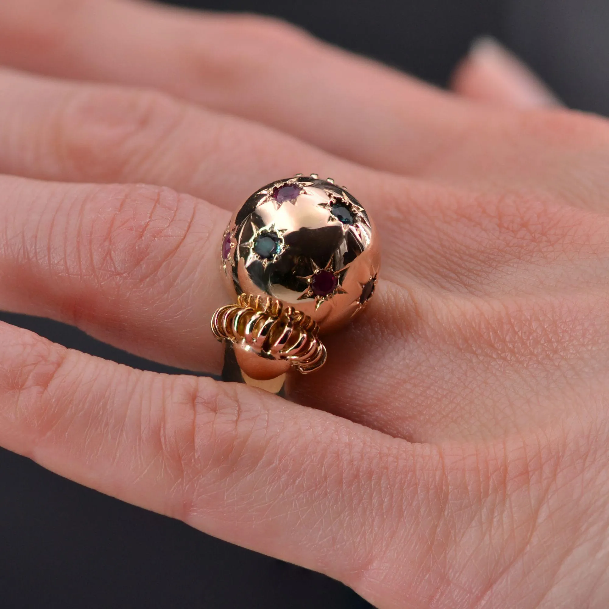 1950s Ruby Sapphire 18 Karat Rose Gold Ball Retro Ring