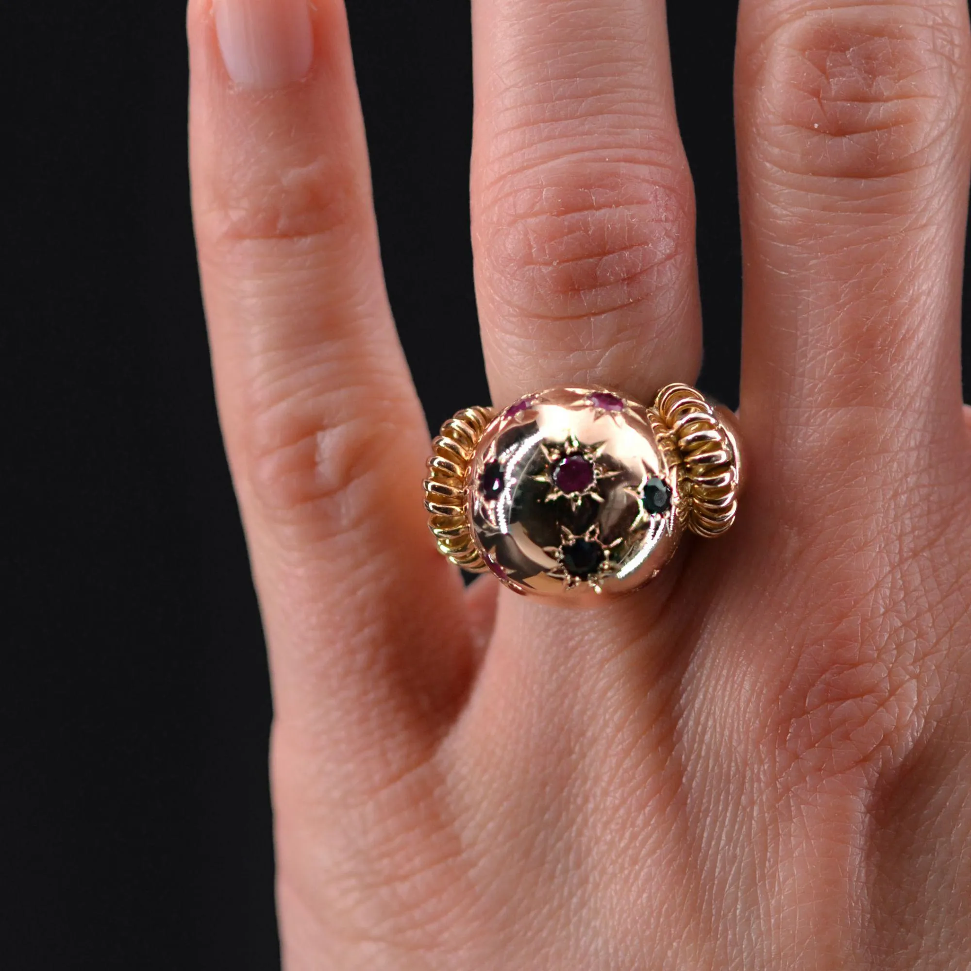 1950s Ruby Sapphire 18 Karat Rose Gold Ball Retro Ring