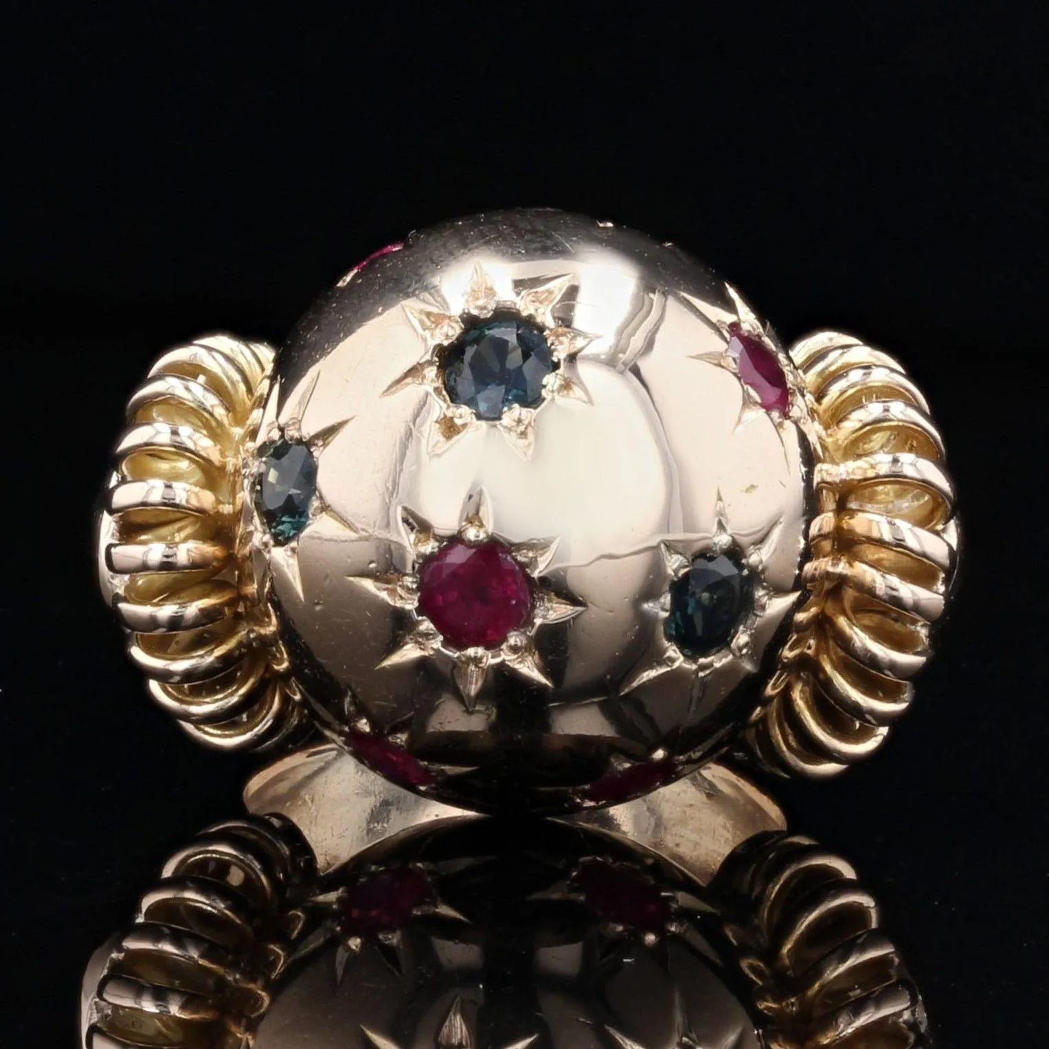 1950s Ruby Sapphire 18 Karat Rose Gold Ball Retro Ring