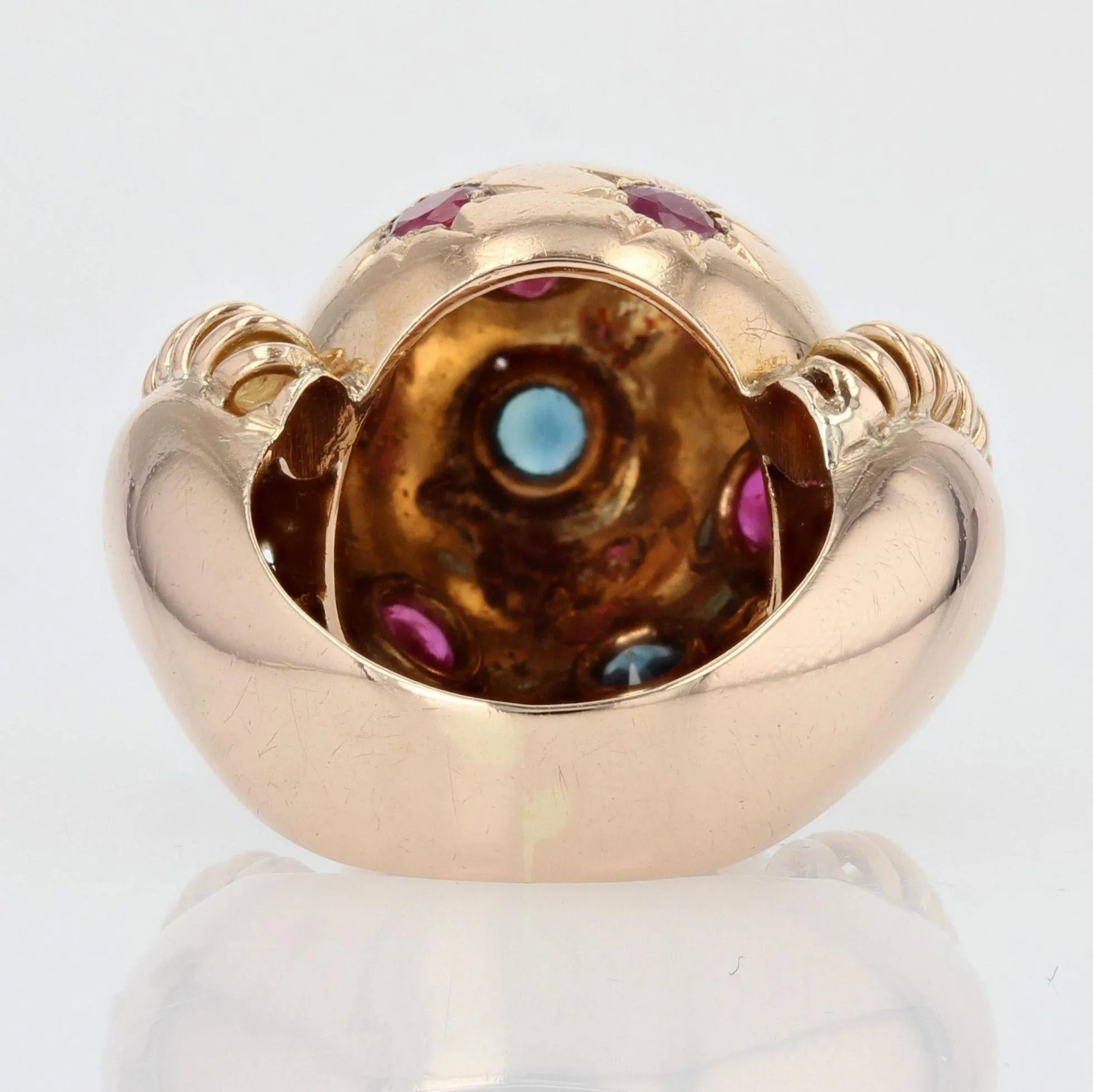 1950s Ruby Sapphire 18 Karat Rose Gold Ball Retro Ring