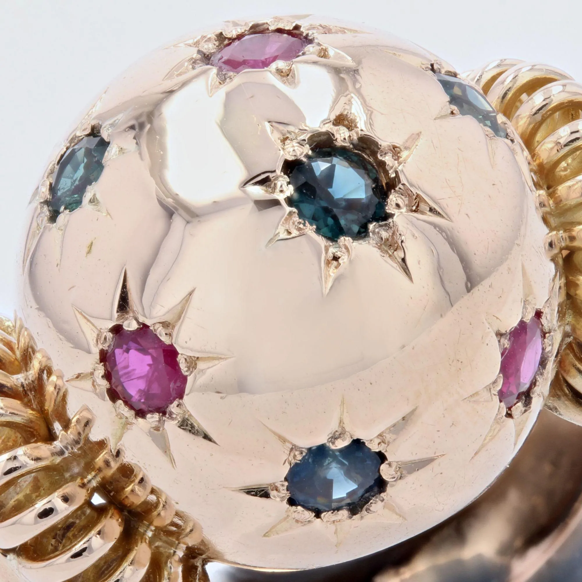 1950s Ruby Sapphire 18 Karat Rose Gold Ball Retro Ring