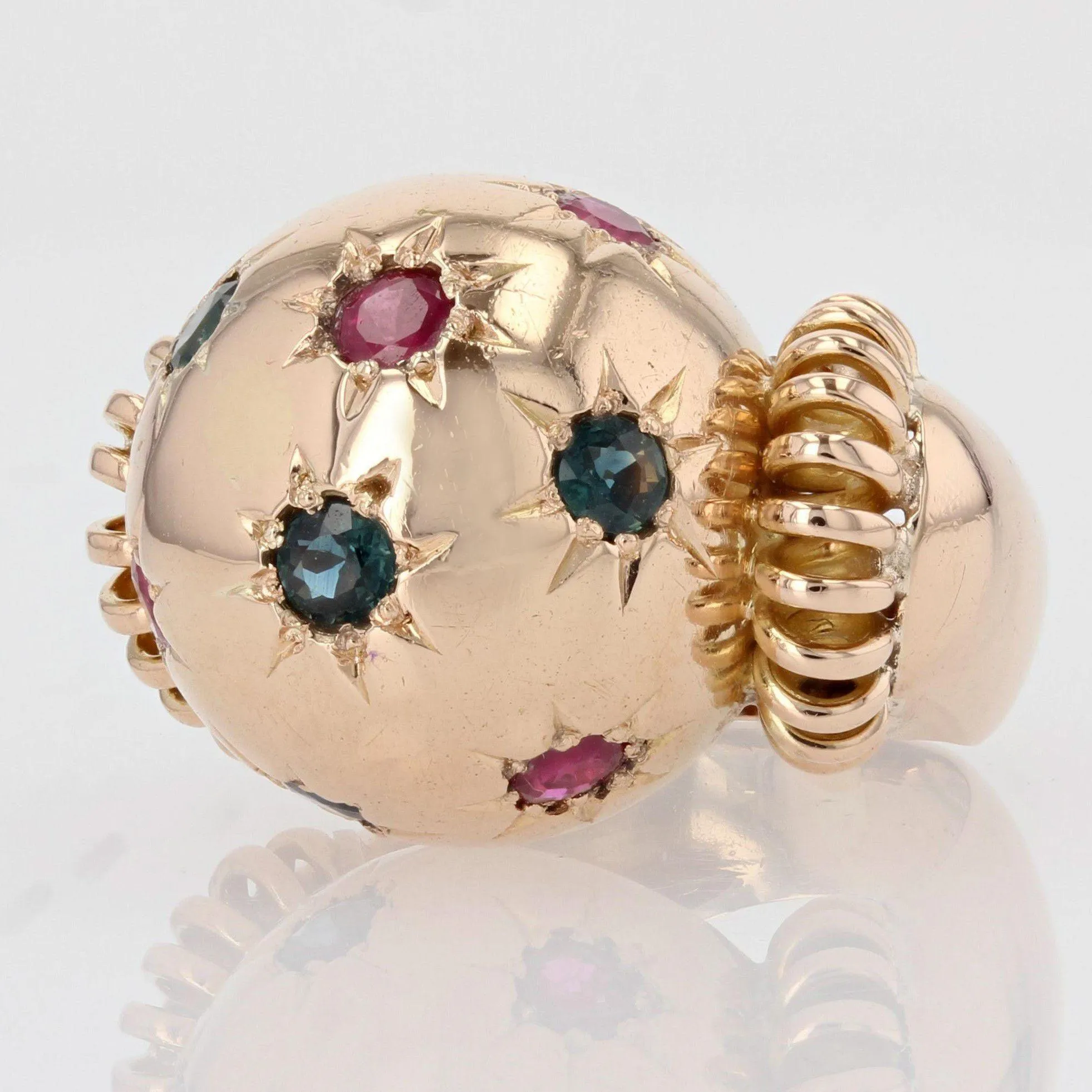 1950s Ruby Sapphire 18 Karat Rose Gold Ball Retro Ring