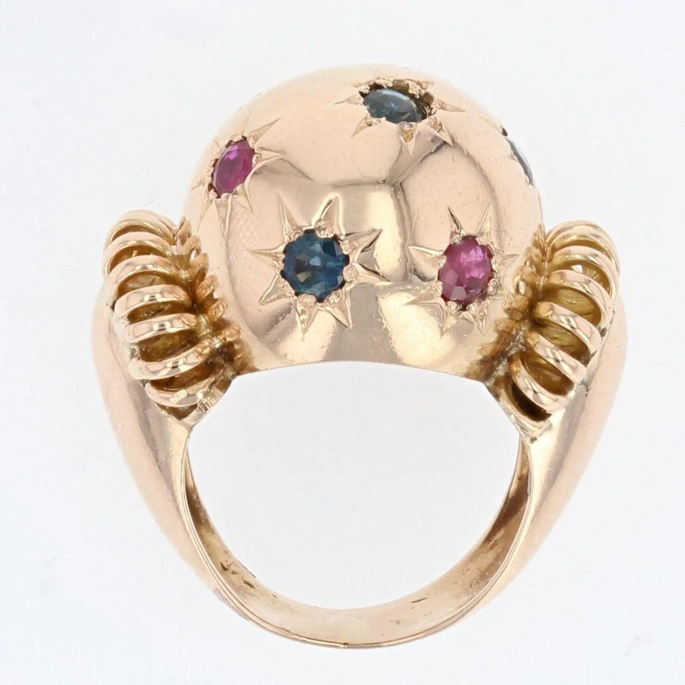 1950s Ruby Sapphire 18 Karat Rose Gold Ball Retro Ring