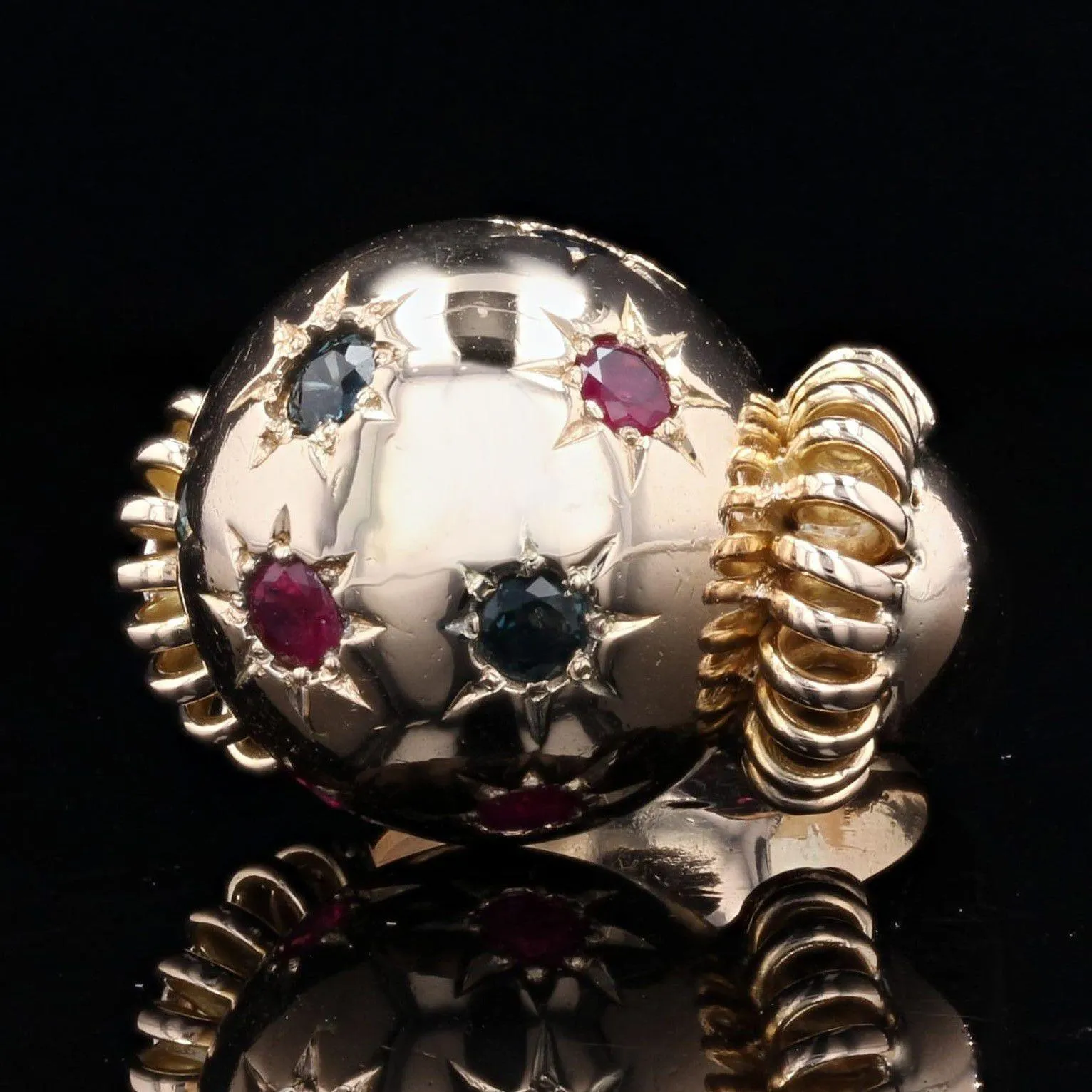 1950s Ruby Sapphire 18 Karat Rose Gold Ball Retro Ring