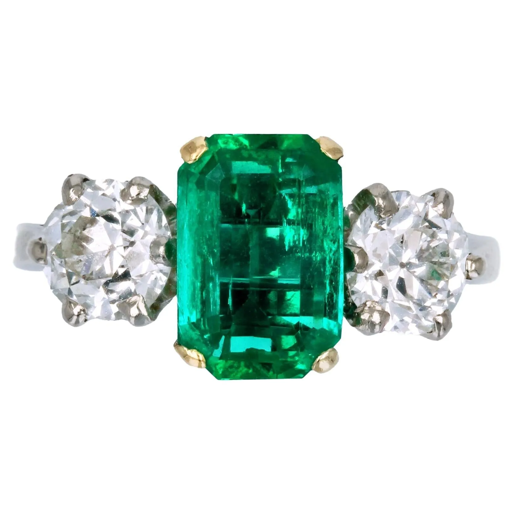 20th Century Colombian Emerald Diamond 18 Karat White Yellow Gold Ring