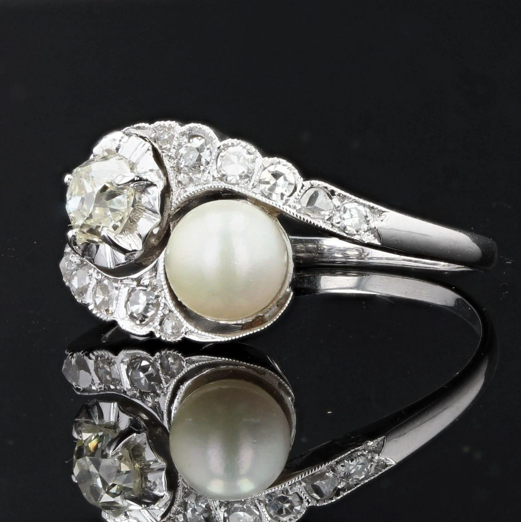 20th Century Pearl Diamonds 18 Karat White Gold You and Me Ring