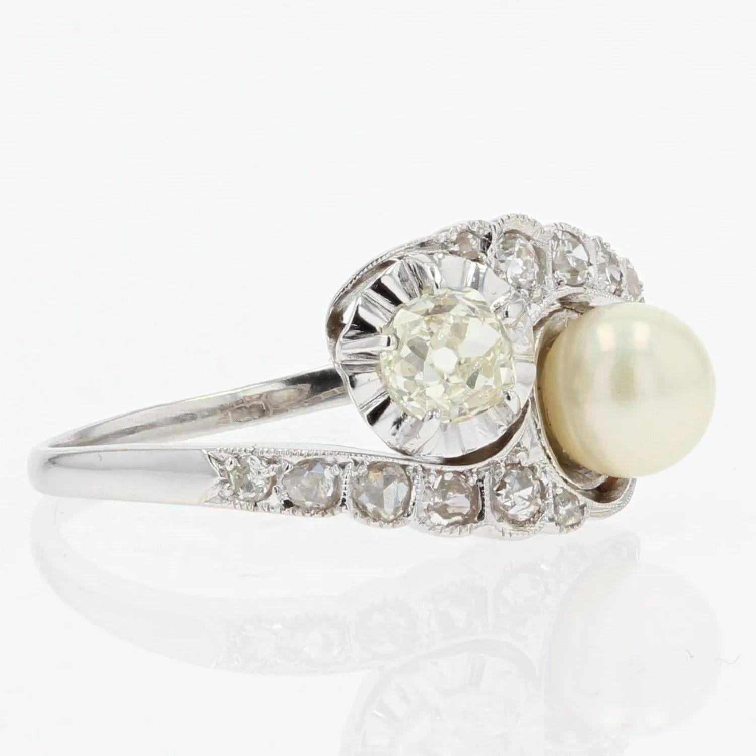 20th Century Pearl Diamonds 18 Karat White Gold You and Me Ring