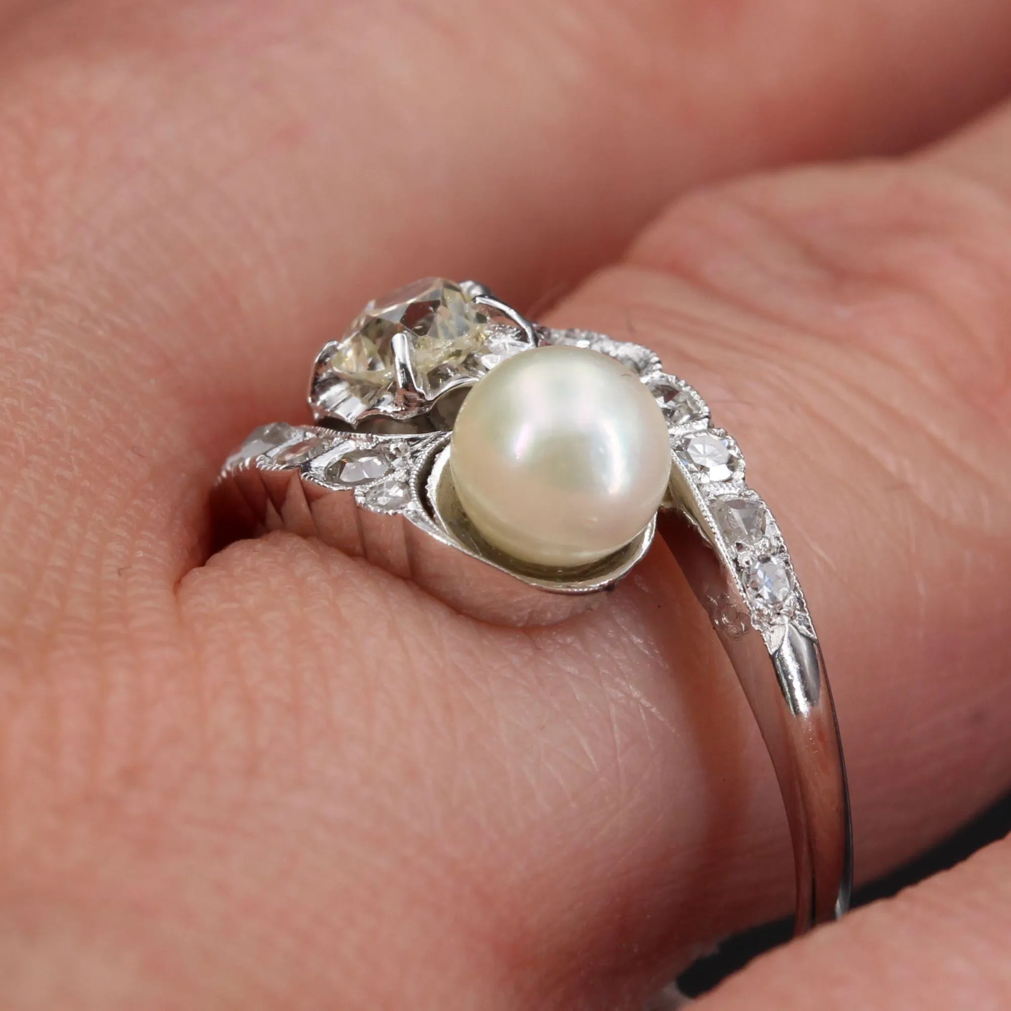 20th Century Pearl Diamonds 18 Karat White Gold You and Me Ring