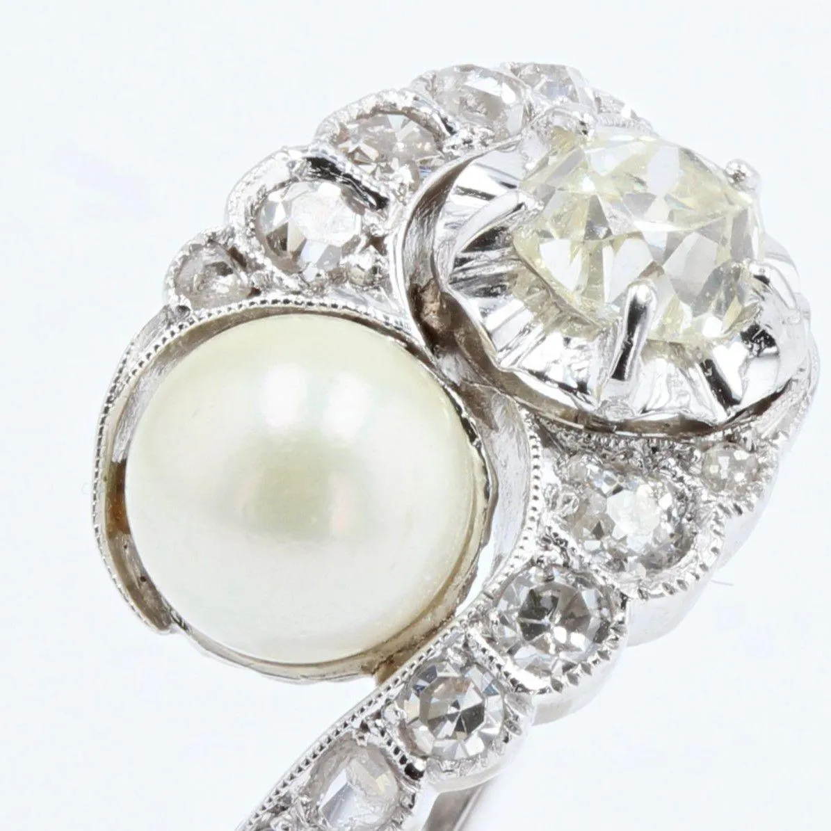 20th Century Pearl Diamonds 18 Karat White Gold You and Me Ring