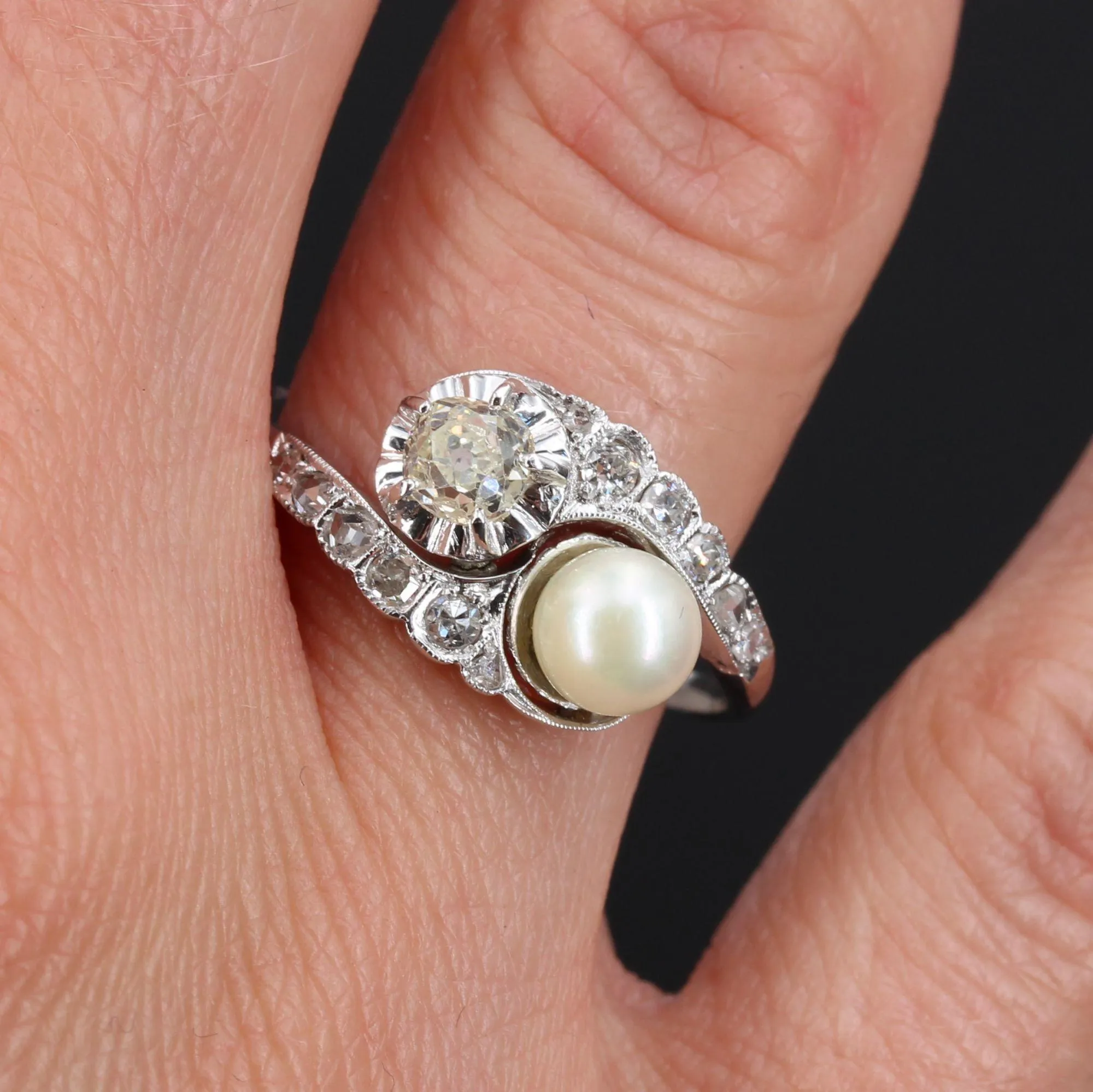 20th Century Pearl Diamonds 18 Karat White Gold You and Me Ring