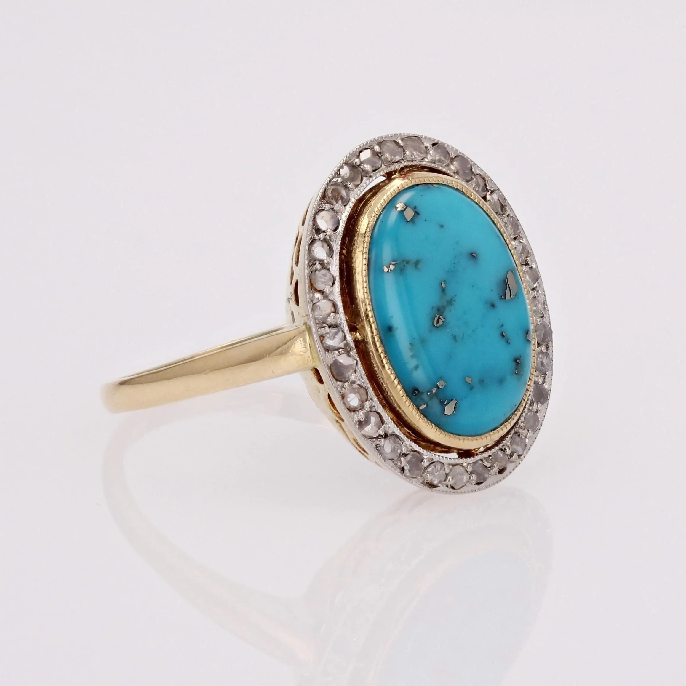 20th Century Turquoise with Pyrite Diamonds 18 Karat Gold Platinum Oval Ring