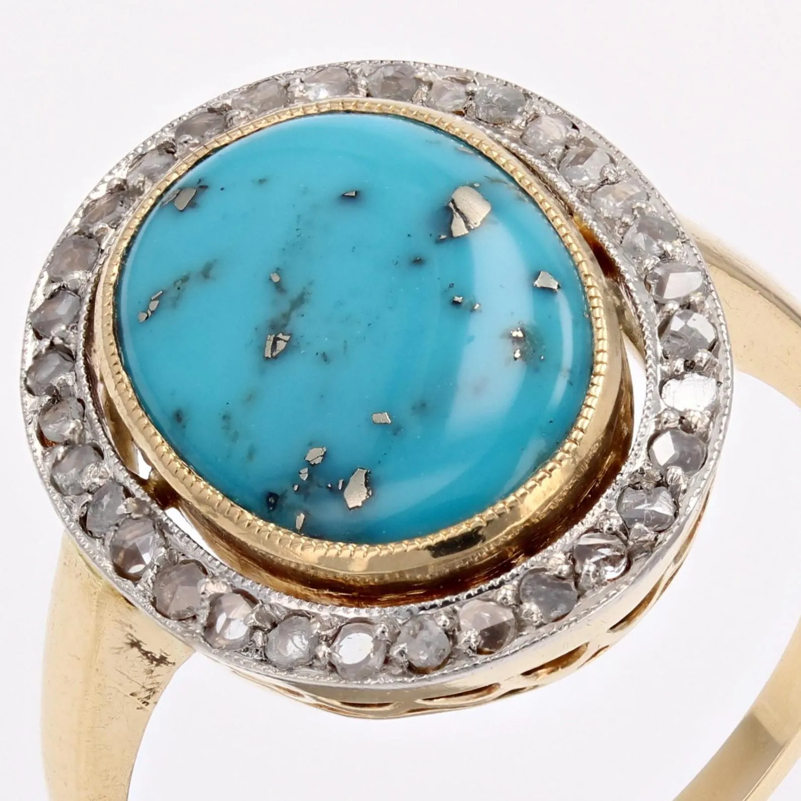 20th Century Turquoise with Pyrite Diamonds 18 Karat Gold Platinum Oval Ring