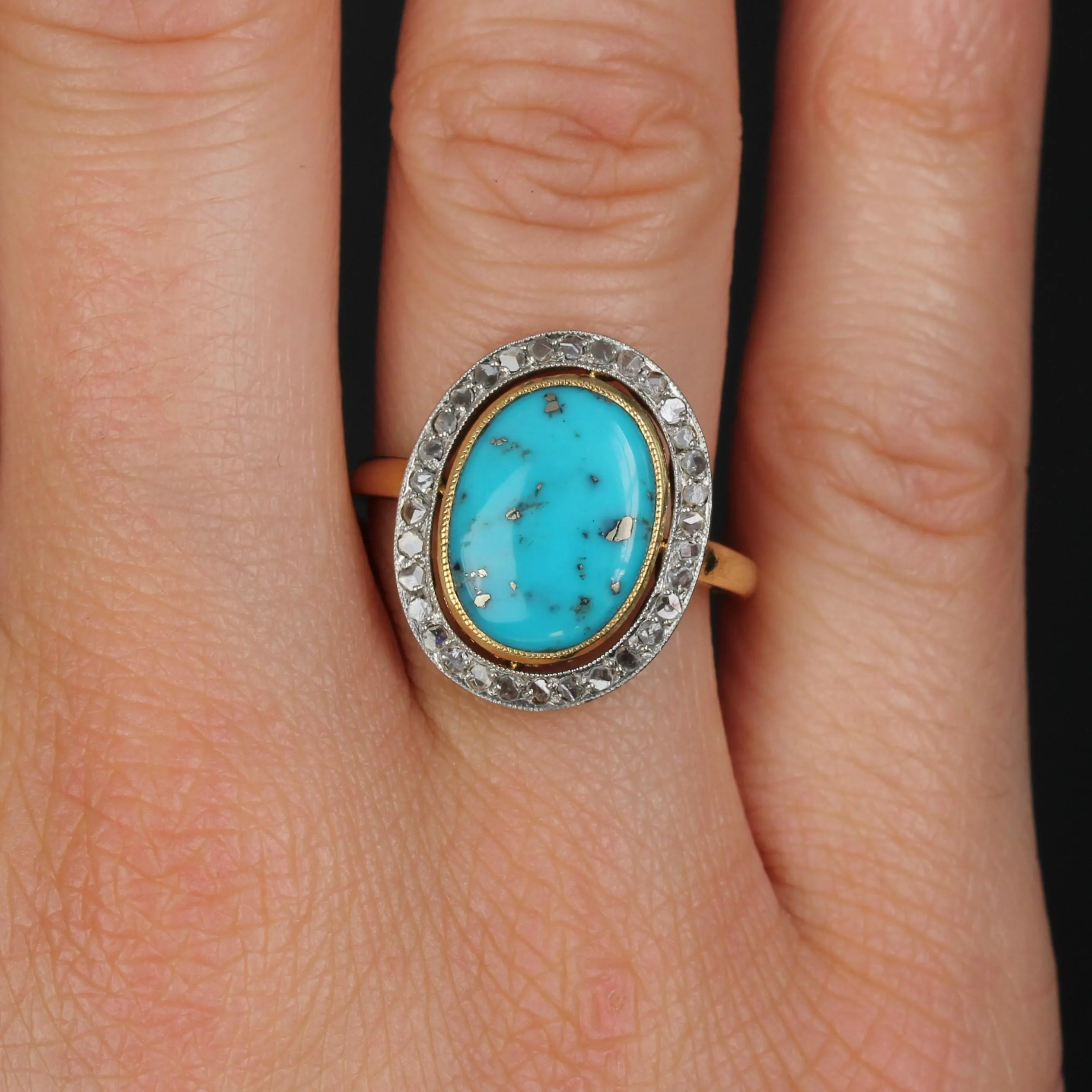 20th Century Turquoise with Pyrite Diamonds 18 Karat Gold Platinum Oval Ring