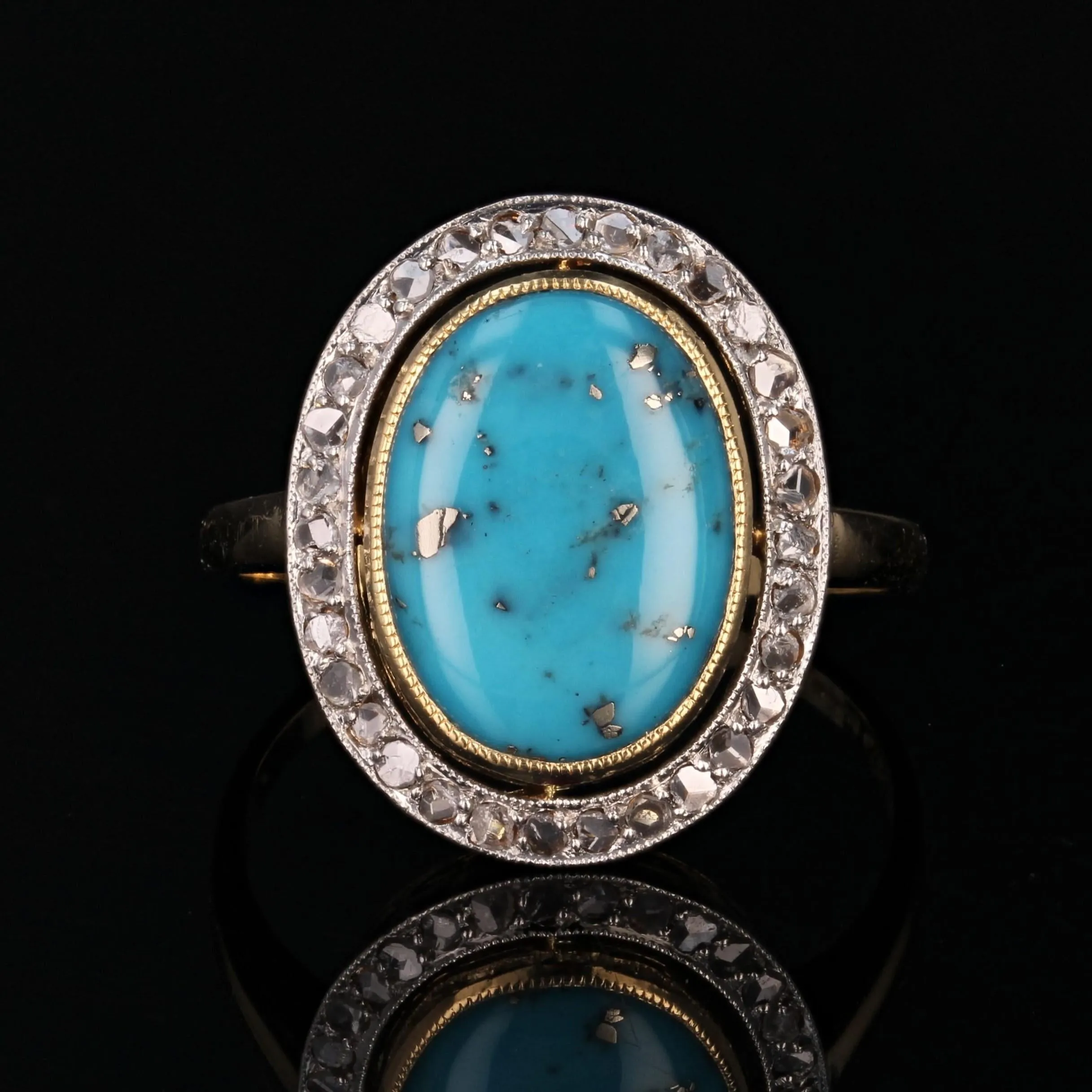 20th Century Turquoise with Pyrite Diamonds 18 Karat Gold Platinum Oval Ring