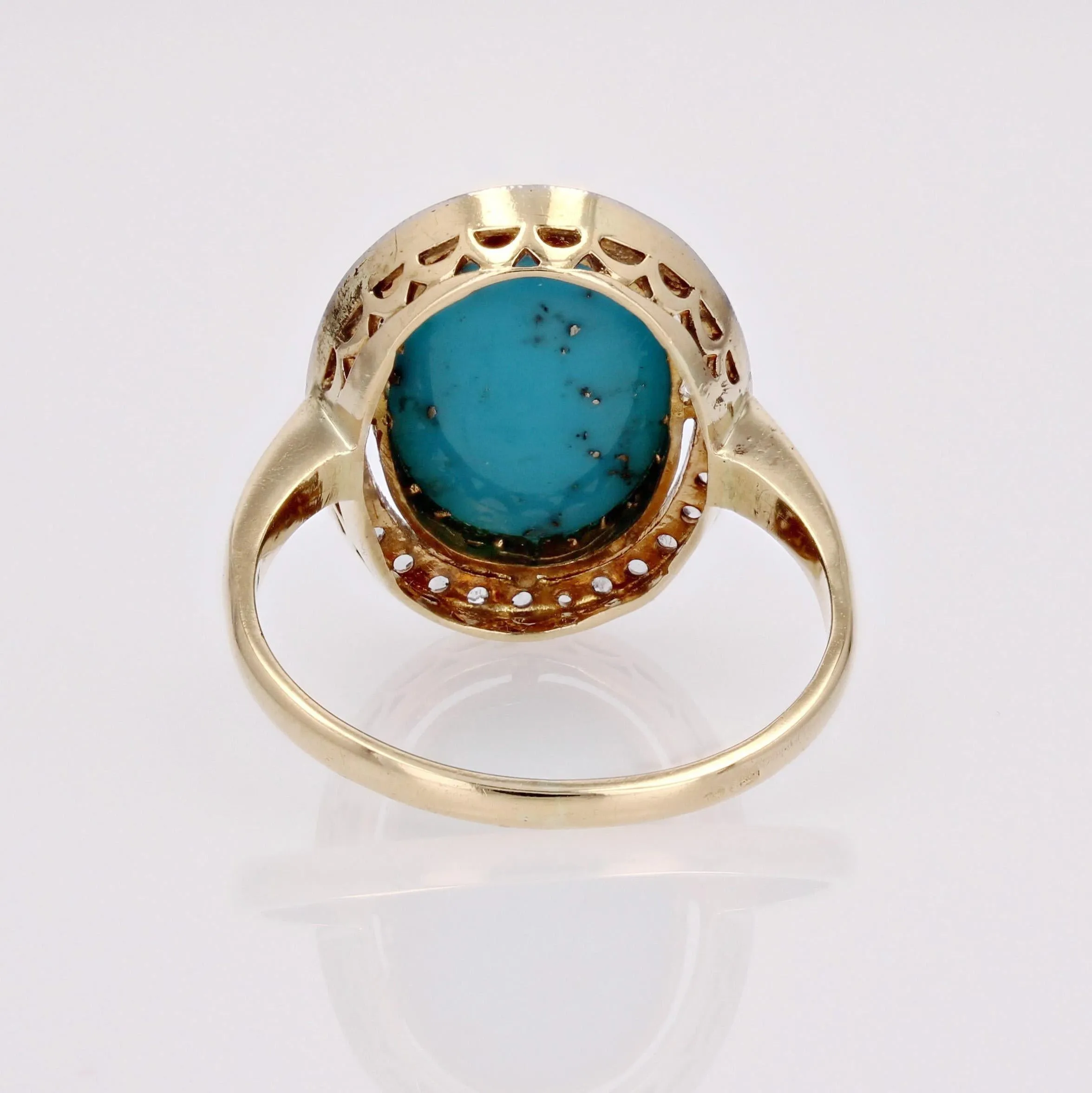 20th Century Turquoise with Pyrite Diamonds 18 Karat Gold Platinum Oval Ring