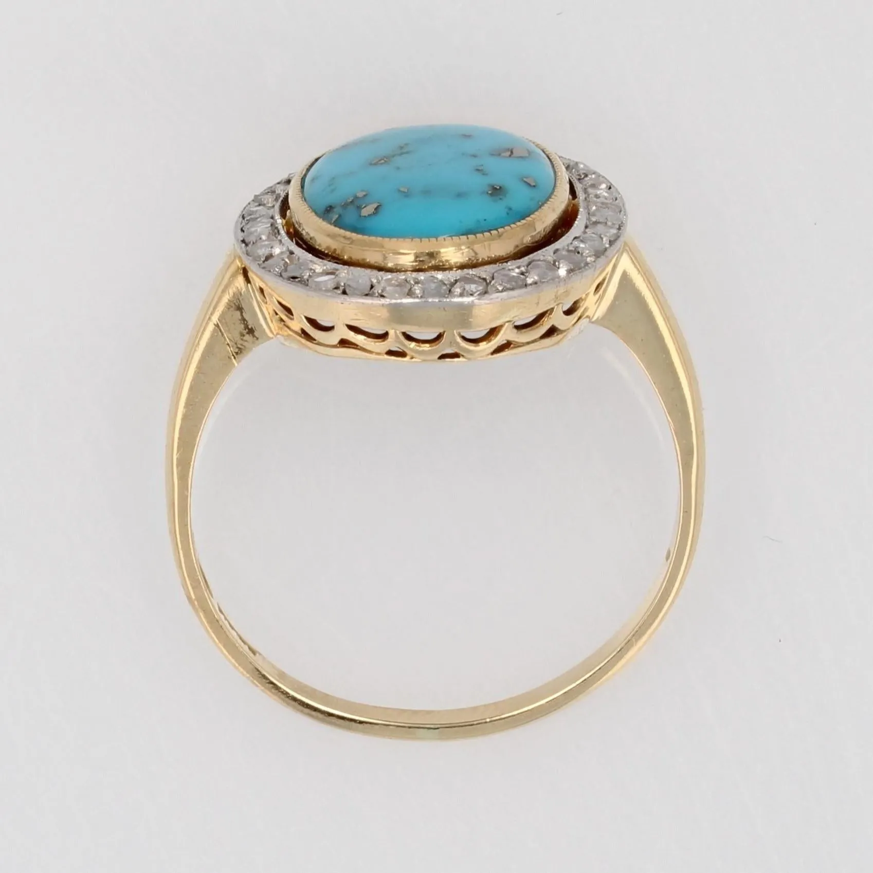 20th Century Turquoise with Pyrite Diamonds 18 Karat Gold Platinum Oval Ring