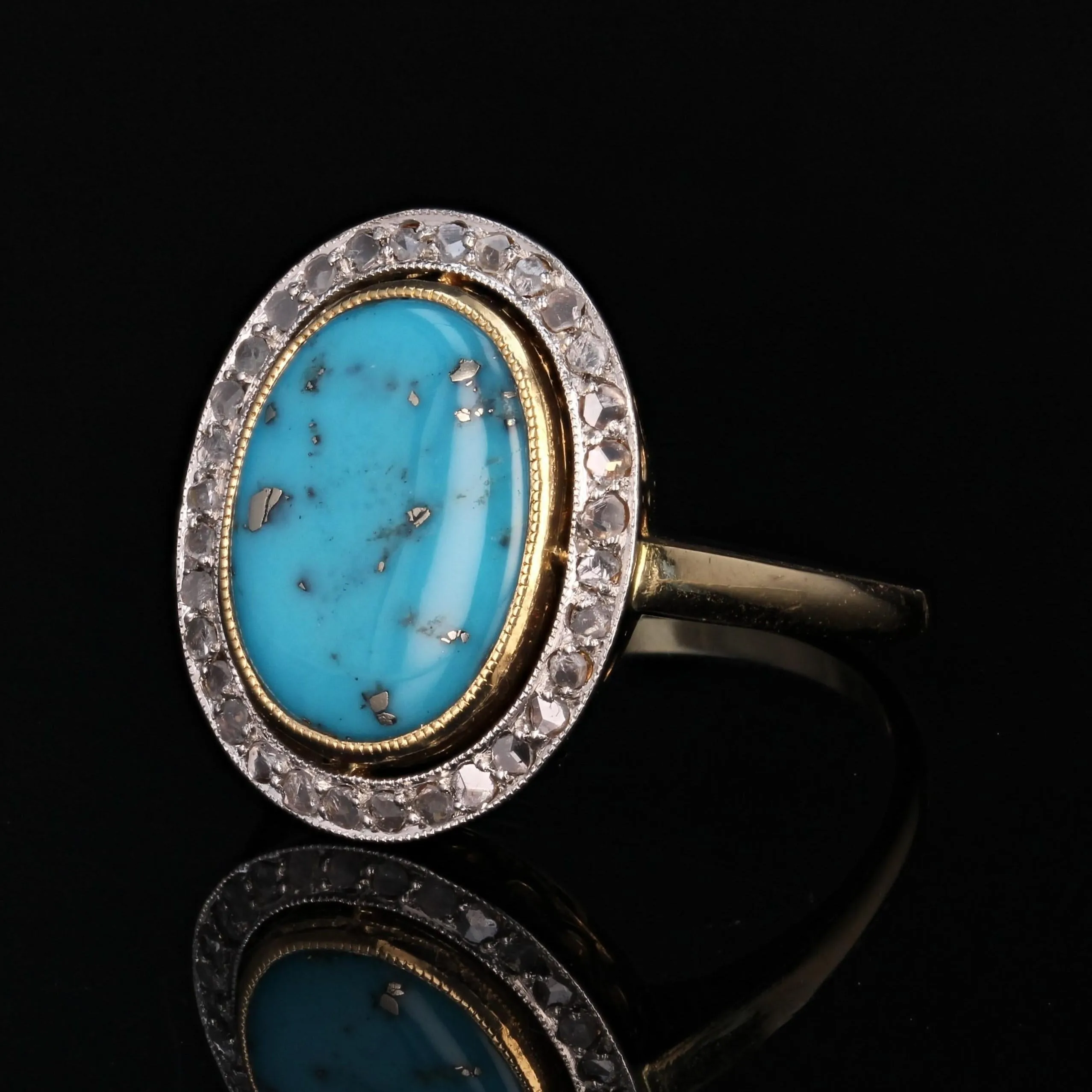 20th Century Turquoise with Pyrite Diamonds 18 Karat Gold Platinum Oval Ring