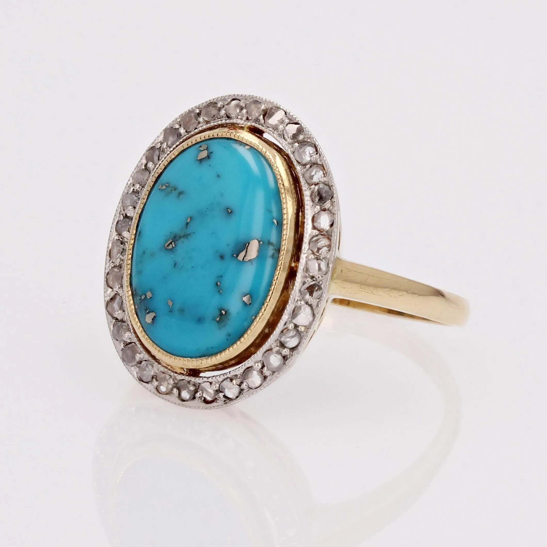 20th Century Turquoise with Pyrite Diamonds 18 Karat Gold Platinum Oval Ring