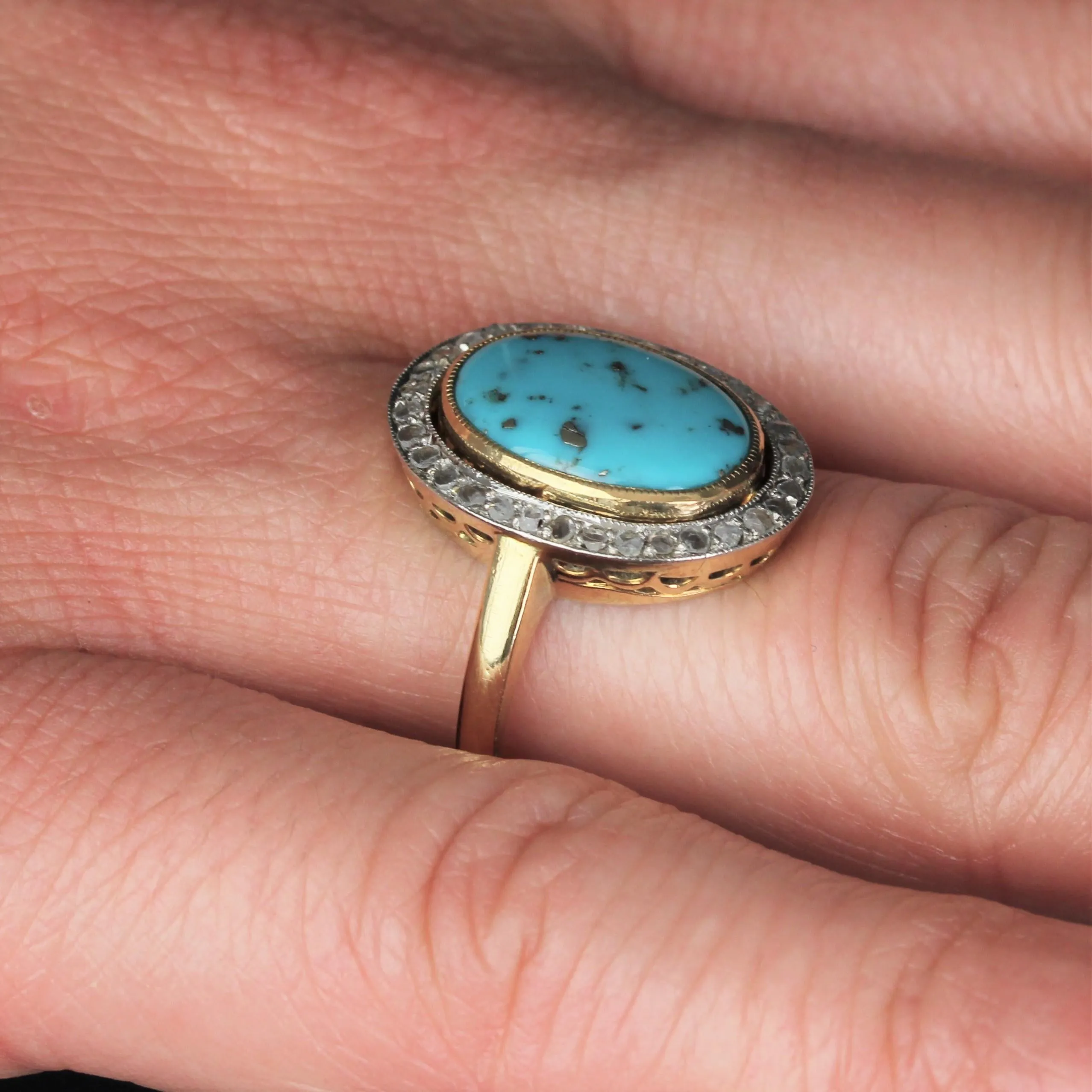 20th Century Turquoise with Pyrite Diamonds 18 Karat Gold Platinum Oval Ring