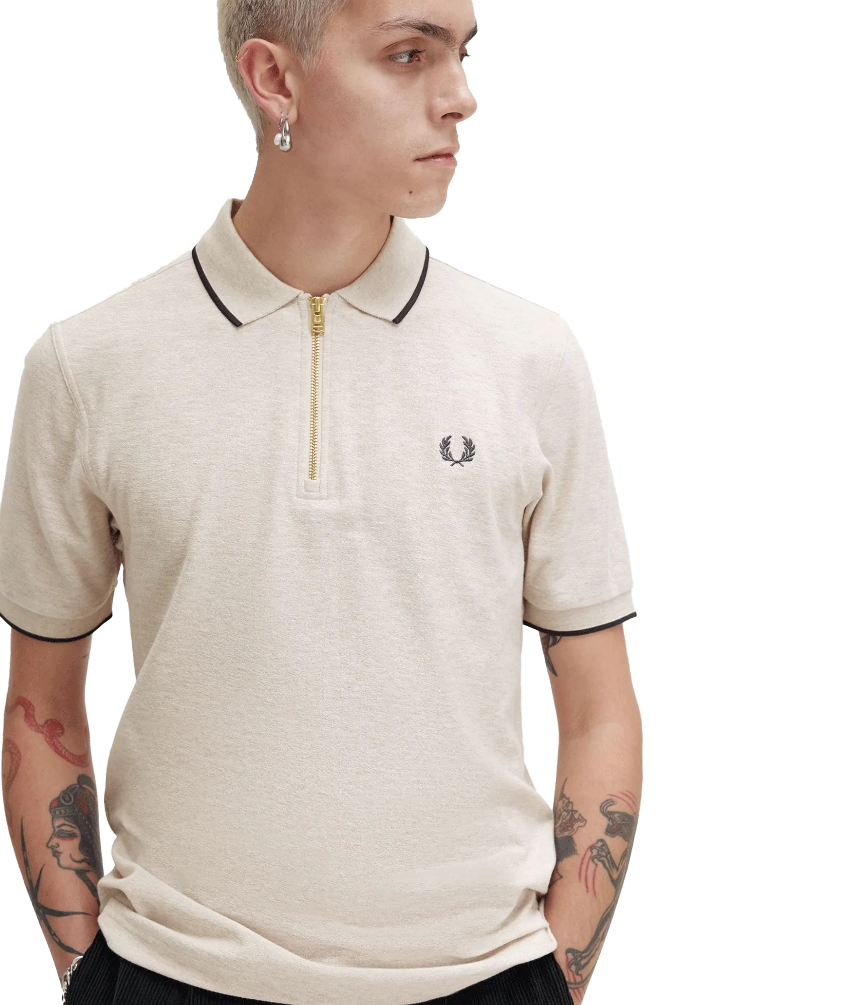 Crepe Piqué Zip Neck Polo Shirt - Cream