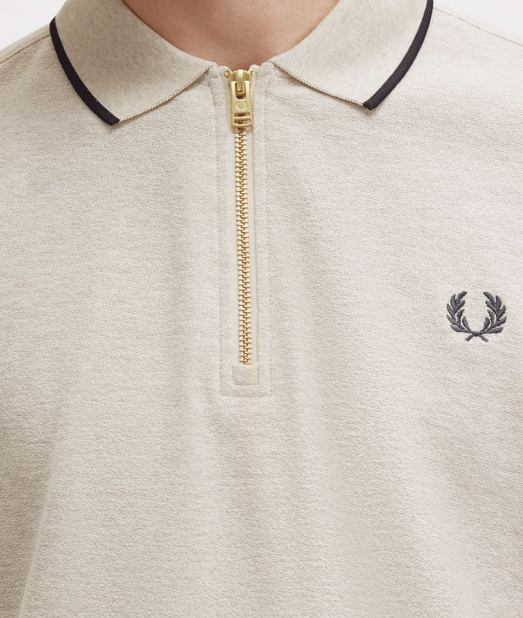 Crepe Piqué Zip Neck Polo Shirt - Cream