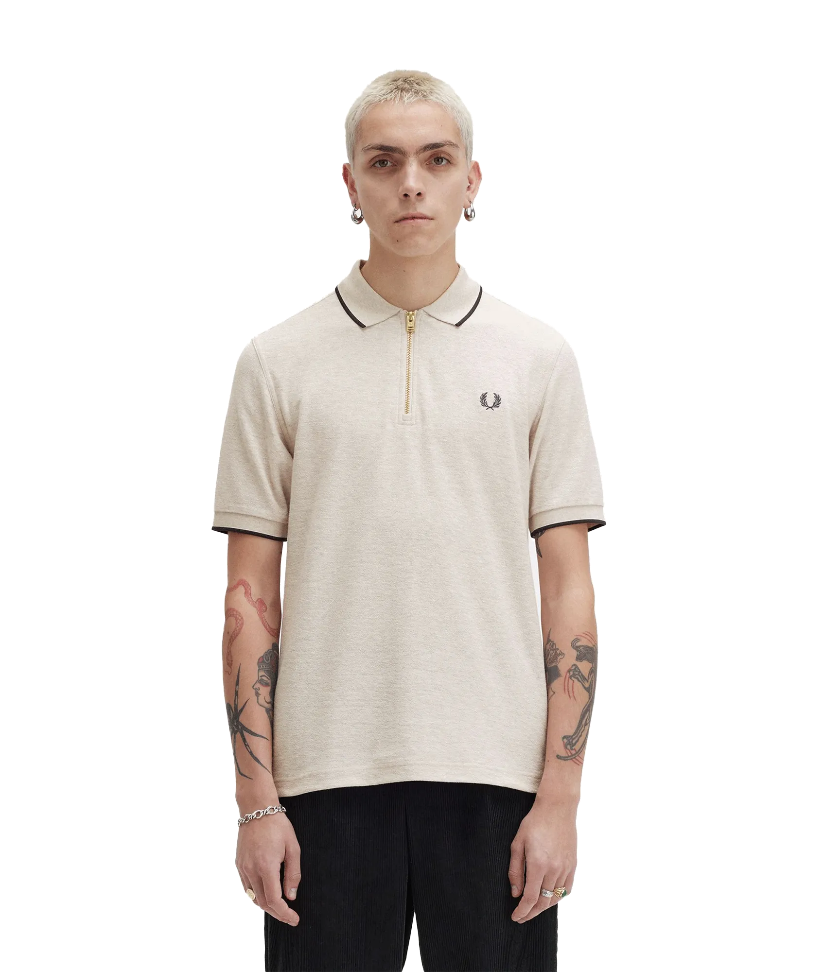 Crepe Piqué Zip Neck Polo Shirt - Cream