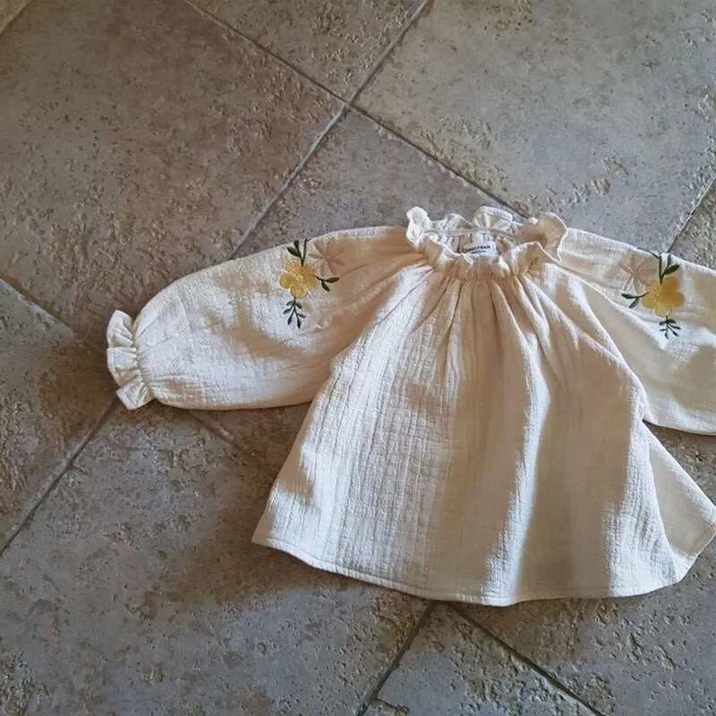 Floral Embroidered Beige & Plaid Baby Blouse