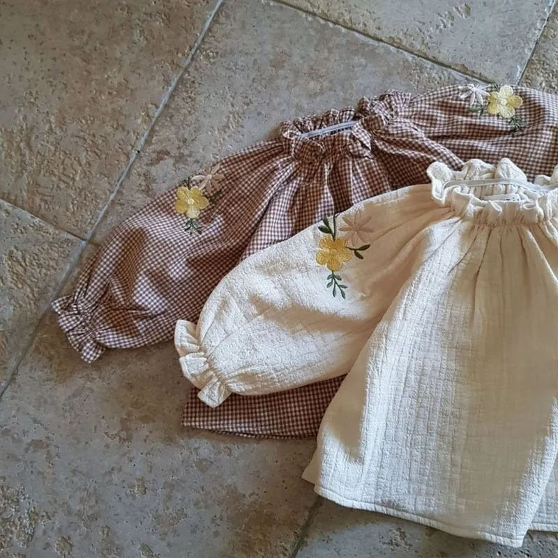 Floral Embroidered Beige & Plaid Baby Blouse