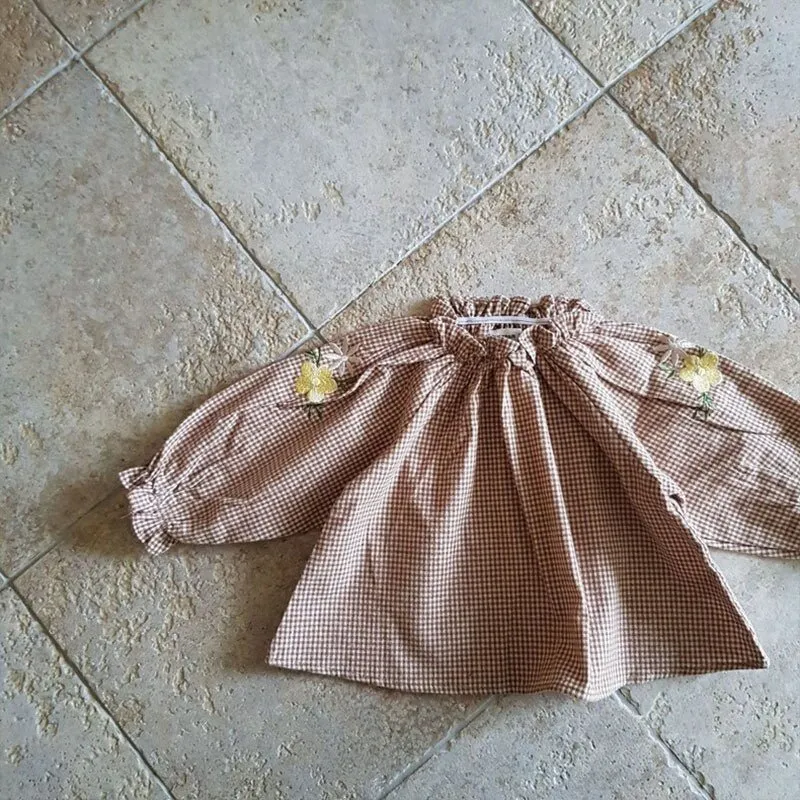 Floral Embroidered Beige & Plaid Baby Blouse