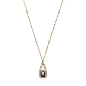 PAVE CAGE WITH BLACK PEARL SMOOTH BAR NECKLACE