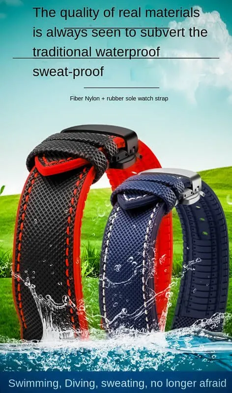 Sailcloth waterproof hybrid fluororubber (FKM) watch strap, premium quality, for sports, divers watches, width: 20, 22 mm.