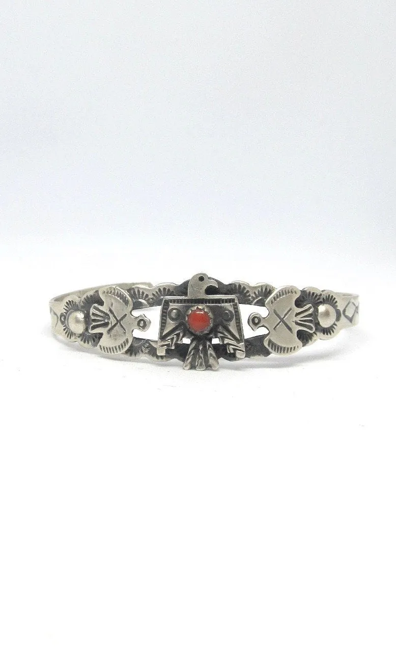 THUNDERBIRD L James Sterling Silver & Coral Hand Stamped Thunderbird Bracelet, Fred Harvey Style