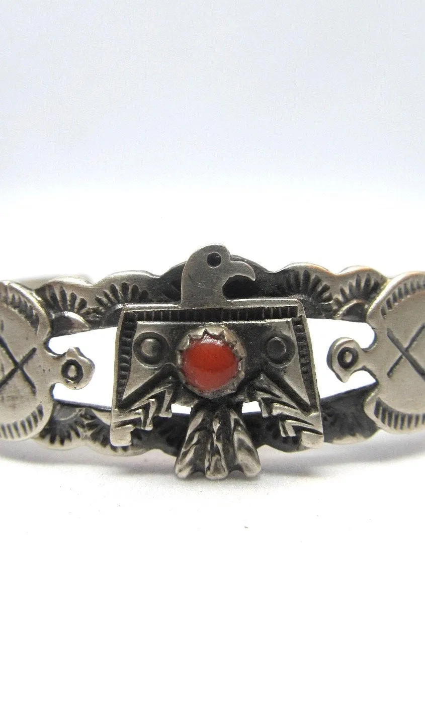 THUNDERBIRD L James Sterling Silver & Coral Hand Stamped Thunderbird Bracelet, Fred Harvey Style